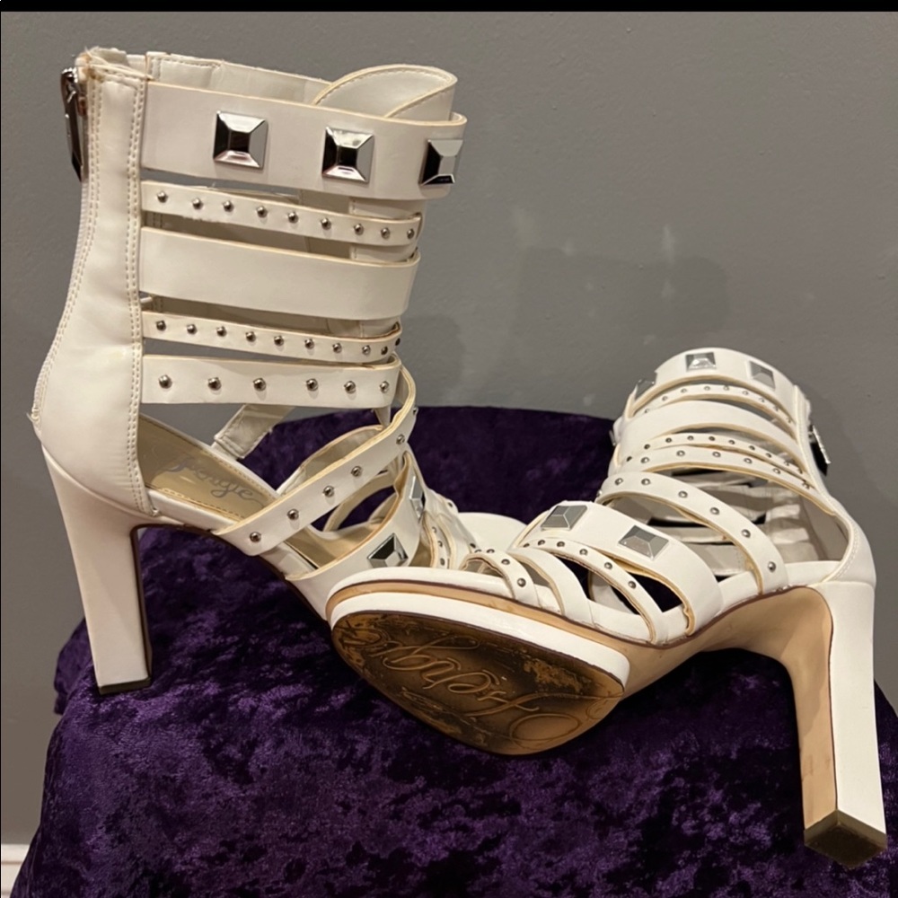 Fergie studded heel strappy, high fashion, only worn once, small nicks, box worn